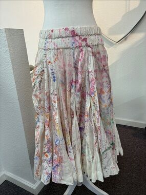 URBAN ZEN White Multicolor Paint-Splatter SILK LINEN Full Skirt M
